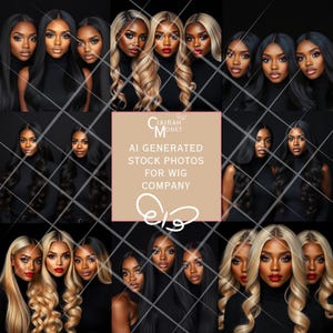 May include: A collage of nine images featuring Black women with different hairstyles, including long, straight hair, curly hair, and wavy hair. The women are wearing black turtlenecks and are looking directly at the camera. The text "AI GENERATED STOCK PHOTOS FOR WIG COMPANY" is displayed in the center of the collage.