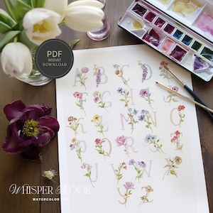 Malen Sie Ihr eigenes Aquarell Floral Alphabet Vorlage - Digitale Datei - Malerei Geschenk - Blumenmalerei - Illustriertes Alphabet - Aquarell Anleitung