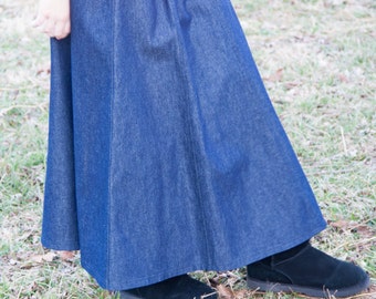 Girls Long Modest Handmade Elastic Waist A-line Country Denim Jean Skirt Size 3-16