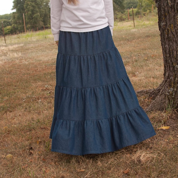 Girls Long Handmade Modest Medium Weight Denim Tiered Peasant Skirt Size 3-18