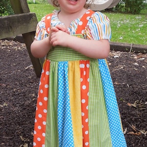 Little Girls Modest Bright Turquoise, Yellow, Orange, and Green Striped Jumper and Peasant Blouse Size 3