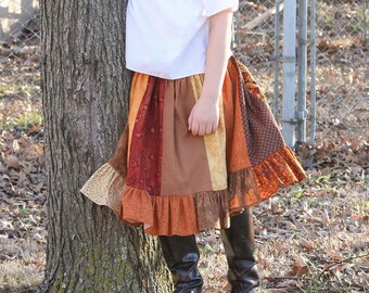 Little Girls Handmade Modest Autumn Patchwork Ruffled Twirl Skirt Size 5