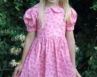 Girls Long Modest Spring Easter Dress with Puffed Sleeves and Peter Pan Collar - Choose Your Size and Fabric