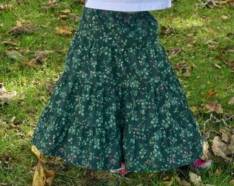 Girls Long Modest Dark Green Floral Tiered Peasant Skirt Size 6/8