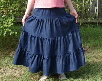 Ladies Long Modest Medium Weight Tiered Denim Peasant Skirt - You Choose Length, Size and Color