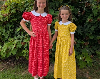 Girls Handmade Classic Peter Pan Collar Dresses with Puffed Sleeves  - Various Fabrics Sizes 4-10