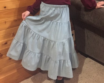 Girls Long Modest Light Blue 6.5 oz. Denim Tiered Peasant Skirt - Size 6 or 8