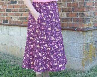 Ladies Long Modest Burgundy Plum Floral Spiral Skirt with Pocket Size M