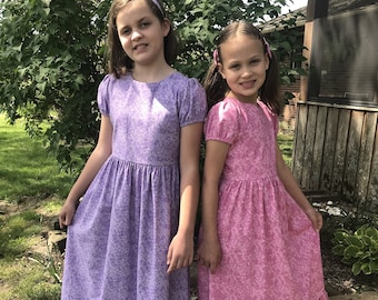 Girls Long Classic Pink or Purple Floral Puffed Sleeve Dress with or without Ruffle - Sizes 2-12