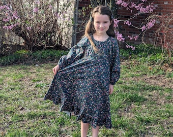 Girls Long Modest Long Sleeve Dark Green Floral Peasant Dress with Ruffled Skirt Size 5