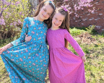 Girls Long Modest Classic Long Sleeve Cotton Print Dress with or without Ruffle - Sizes 2-12