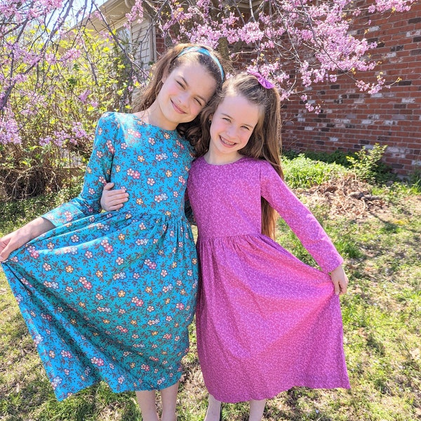 Girls Long Modest Classic Long Sleeve Cotton Print Dress with or without Ruffle - Sizes 2-12