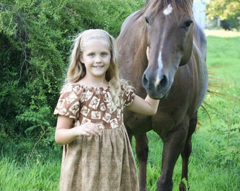 Girls Handmade Modest Brown Horse Lovers Short Sleeve Peasant Dress Various Sizes