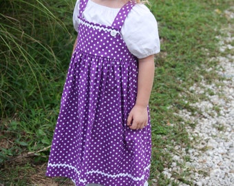 Girls Handmade Modest Purple Polka Dot and Rick Rack Jumper with White Peasant Blouse and Ruffled Pantaloons Size 3