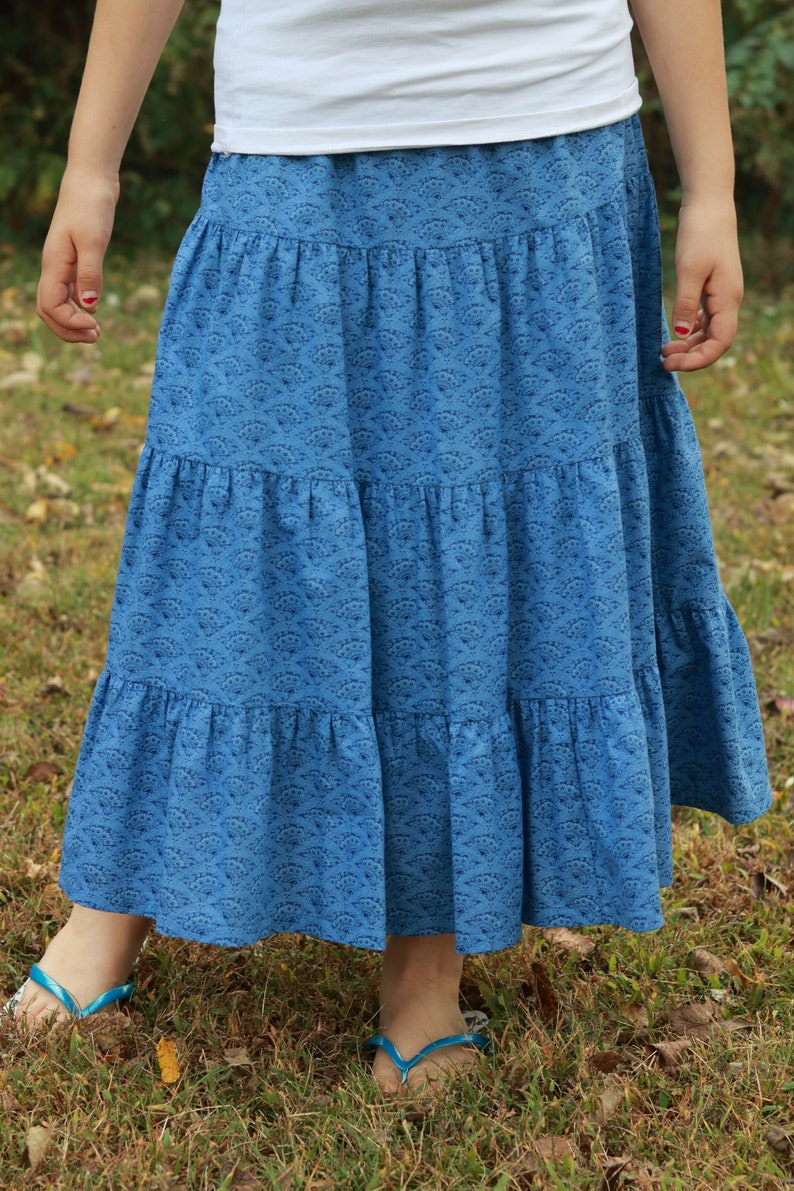 Girls Modest Tiered Peasant Prairie Skirt Choose Your Fabric Color and Print Sizes 3-18 image 6