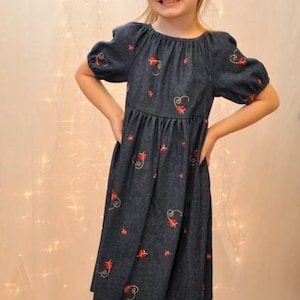 Little Girls Modest Handmade Short Sleeve Butterfly Denim Jean Peasant Play Dress Size 3/4