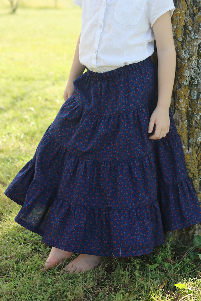 Girls Modest Tiered Peasant Prairie Skirt Choose Your Fabric Color and Print Sizes 3-18 image 3