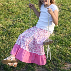 Girls Long Modest Spring Easter Pink and White Daisy Peasant Twirl Skirt Sizes 3-12 image 3