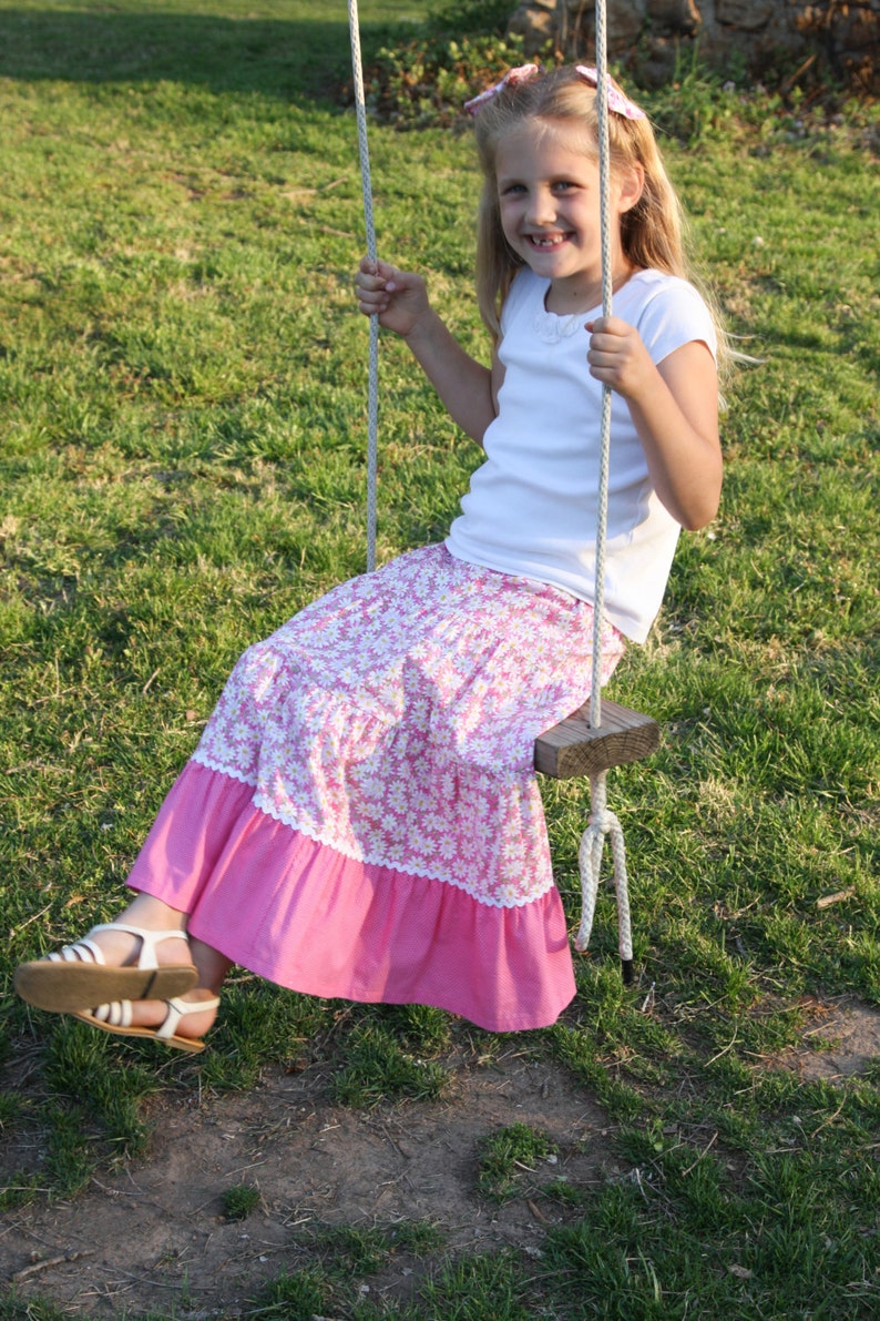 Girls Long Modest Spring Easter Pink and White Daisy Peasant Twirl Skirt Sizes 3-12 image 3