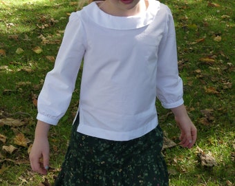 Meisjes handgemaakte witte katoen 3/4 mouw ronde kraag blouse maat 7