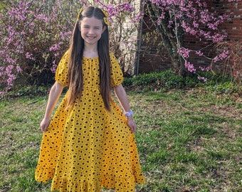 Girls Long Modest Short Sleeve Yellow Sunflower Peasant Dress with Ruffled Skirt Size 8