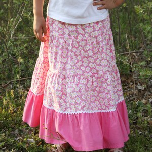 Girls Long Modest Spring Easter Pink and White Daisy Peasant Twirl Skirt Sizes 3-12 image 2