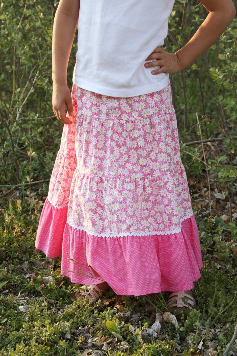 Girls Long Modest Spring Easter Pink and White Daisy Peasant Twirl Skirt Sizes 3-12 image 2