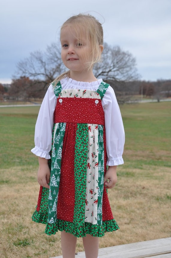 Little Girl's Handmade Red, White, and Green Patchwork Christmas Holiday Ruffle Jumper Size 2