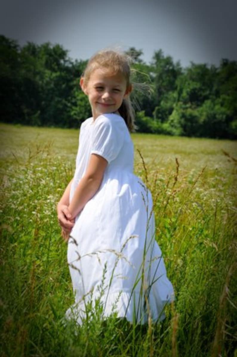 Girls Long Modest Easter Special Occasion Handmade White Cotton Short Sleeve Ruffled Peasant Dress Size 2-8 image 2