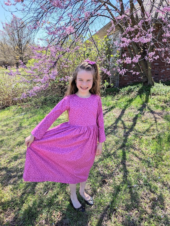 long sleeve dress size 8 Girls Long Modest Classic Long Sleeve Magenta Floral Dress Size 8