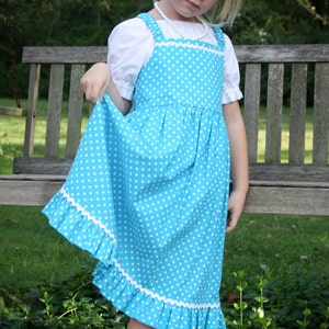 Little Girls Modest Turquoise and White Polka Dot Ruffle Jumper with Rick Rack Trim Size 5