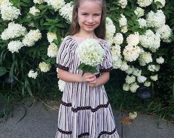 Girls Long Modest Pink or Blue and Brown Striped Polka Dot Tiered Peasant Dress Multiple Sizes Etsy