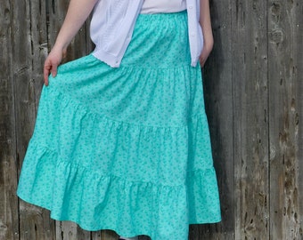 Ladies Long Modest Cotton Print Tiered Peasant Skirt - You Choose Size, Length, and Color