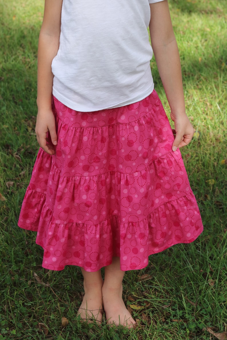 Girls Modest Tiered Peasant Prairie Skirt Choose Your Fabric Color and Print Sizes 3-18 image 5