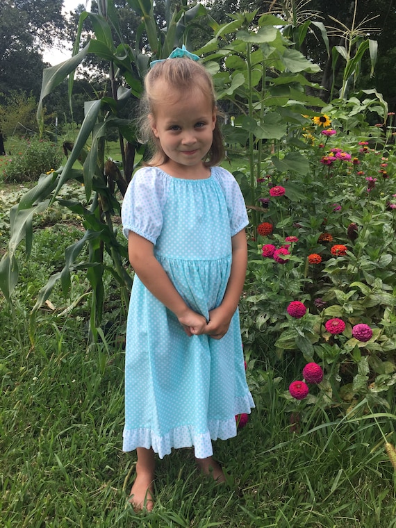 Little Girls Long Modest Teal and White Polka Dot Ruffled Peasant Dress Size 4 Little Girls Long Modest Teal and White Polka Dot Ruffled Peasant Dress Size 4