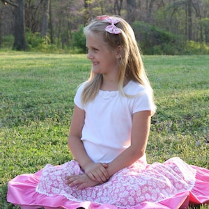 Girls Long Modest Spring Easter Pink and White Daisy Peasant Twirl Skirt Sizes 3-12 image 1