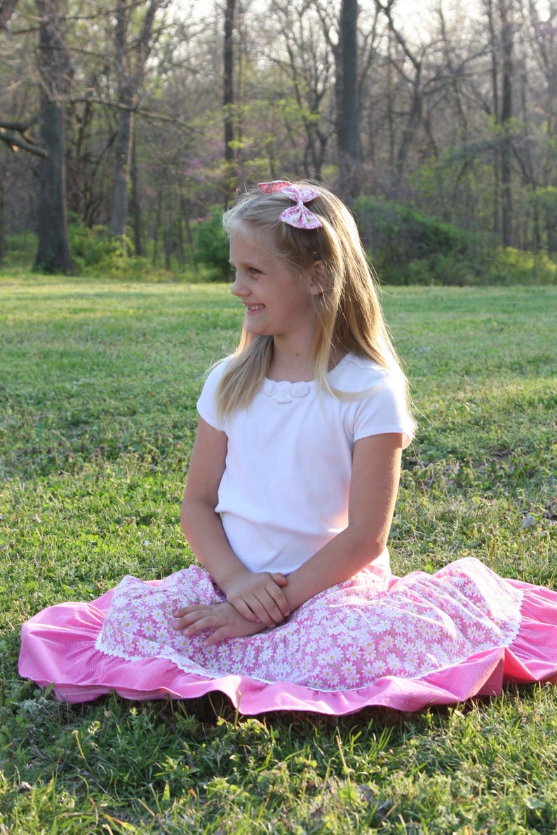 Girls Long Modest Spring Easter Pink and White Daisy Peasant Twirl Skirt Sizes 3-12 image 1