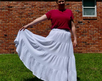 Women's Long White Cotton Gauze Tiered Summer Skirt Size Medium