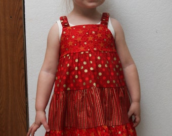 Toddler's Handmade Red and Gold Stars, Polka Dots and Stripes Tiered Twirl Jumper Dress Size 18/24 Months