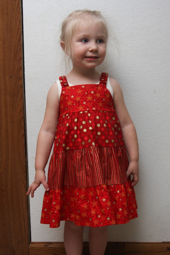Toddler's Handmade Red and Gold Stars, Polka Dots and Stripes Tiered Twirl Jumper Dress Size 18/24 Months Toddler's Handmade Red and Gold Stars, Polka Dots and Stripes Tiered Twirl Jumper Dress Size 18/24 Months