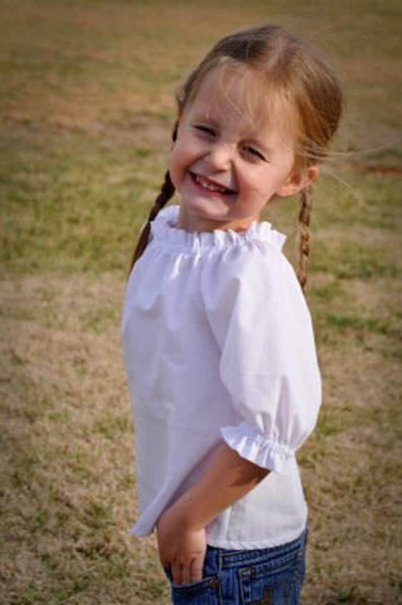 Baby, Toddler and Girls Classic Handmade White Cotton Peasant Blouses Multiple Sleeve Lengths and Sizes 3/4 - all ruffles