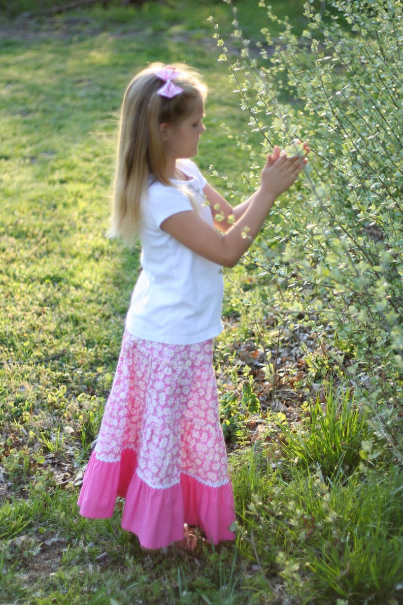 Girls Long Modest Spring Easter Pink and White Daisy Peasant Twirl Skirt Sizes 3-12 image 4