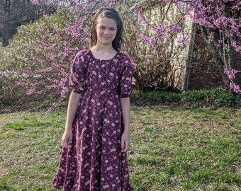 Girls Long Modest 3/4 Sleeve Burgundy Plum Floral Peasant Dress with Ruffled Skirt Size 12