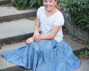 Girls Lightweight Modest Denim Tiered Peasant Prairie Skirt Sizes  3-18