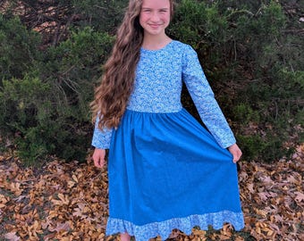 Girls Long Modest Classic Long Sleeve Cotton Print Dress Sizes 5-12