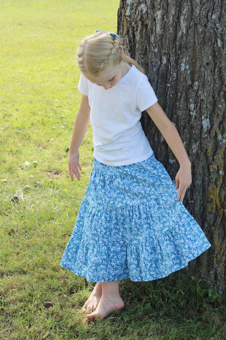 Girls Modest Tiered Peasant Prairie Skirt Choose Your Fabric Color and Print Sizes 3-18 image 1