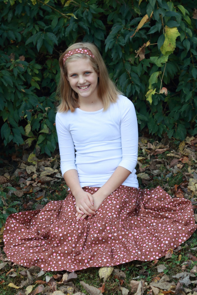 Girls Modest Tiered Peasant Prairie Skirt Choose Your Fabric Color and Print Sizes 3-18 image 7