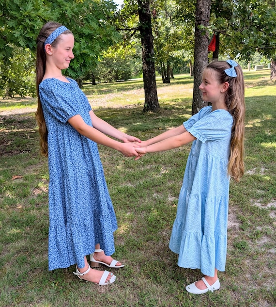 Girls Modest Short Sleeve 3-Tier Cotton Peasant Dress - Choose Your Fabric Sizes 4-10 Girls Modest Short Sleeve 3-Tier Cotton Peasant Dress - Choose Your Fabric Sizes 4-10