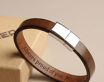 Mens Leather Bracelet Personalized Graduation Gift for Son, Grandson or Brother, Engraved Bracelet with message, Best Grad Gift for Him