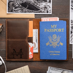 Funda de pasaporte personalizada Cartera de pasaporte de cuero genuino Regalo perfecto para el día del padre o regalo de aniversario de 3 años para el esposo, regalo de viaje